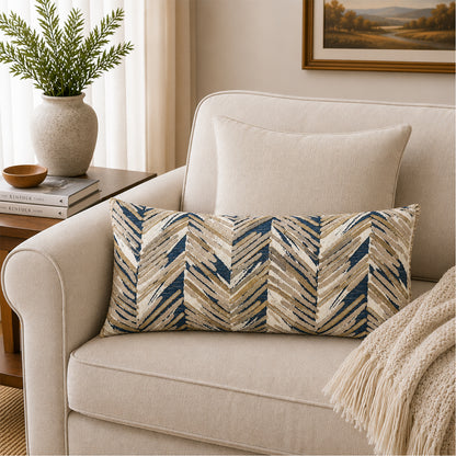 Coastal Chevron 14" x 20" Decorative Pillow Cover – Blue and Beige Textured Geometric Accent Cushion Cover
