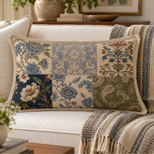 Vintage Patchwork Floral 14" x 20" Decorative Pillow Cover – Multicolour Botanical Accent Cushion Cover