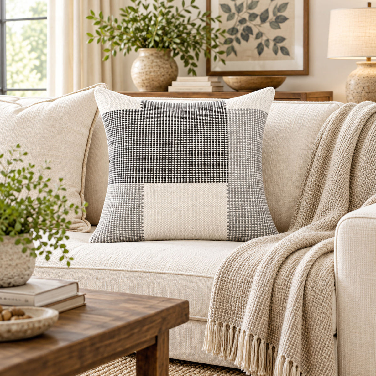 Monochrome Harmony Geometric Woven 18" x 18" Decorative Pillow Cover, Black Grey & Ivory Textured Patchwork Accent Cushion Cover
