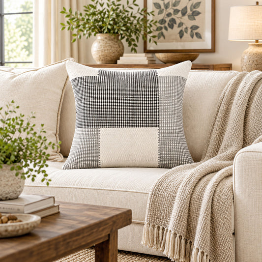 Monochrome Harmony Geometric Woven 18" x 18" Decorative Pillow Cover, Black Grey & Ivory Textured Patchwork Accent Cushion Cover
