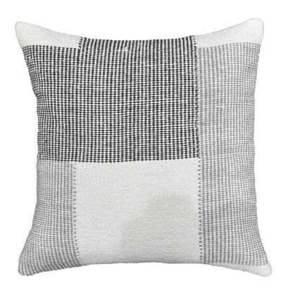 Monochrome Harmony Geometric Woven 18" x 18" Decorative Pillow Cover, Black Grey & Ivory Textured Patchwork Accent Cushion Cover