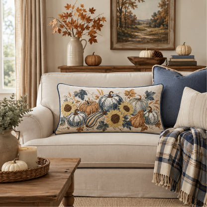 Autumn Harvest Pumpkin Sunflower 14" x 20" Decorative Pillow Cover – Embroidered Fall Farmhouse Accent Cushion Cover