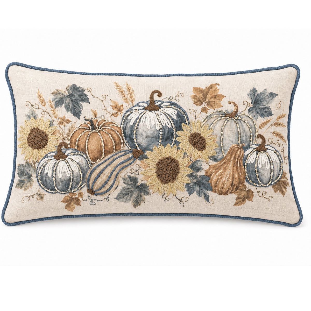 Autumn Harvest Pumpkin Sunflower 14" x 20" Decorative Pillow Cover – Embroidered Fall Farmhouse Accent Cushion Cover