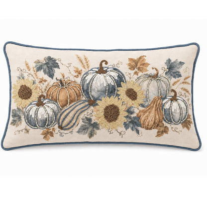 Autumn Harvest Pumpkin Sunflower 14" x 20" Decorative Pillow Cover – Embroidered Fall Farmhouse Accent Cushion Cover