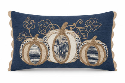 Vintage Pumpkin Embroidered 14" x 20" Decorative Pillow Cover – Navy Blue & Beige Autumn Harvest Accent Cushion Cover