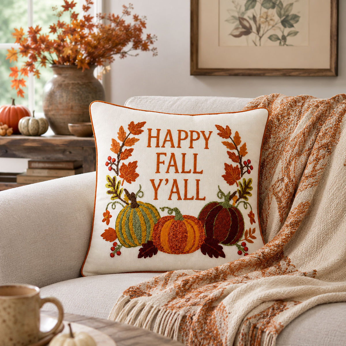 Happy Fall Y’all 18" x 18" Decorative Pillow Cover – Autumn Pumpkin Embroidered Accent Cushion Cover with Rust Orange Piping
