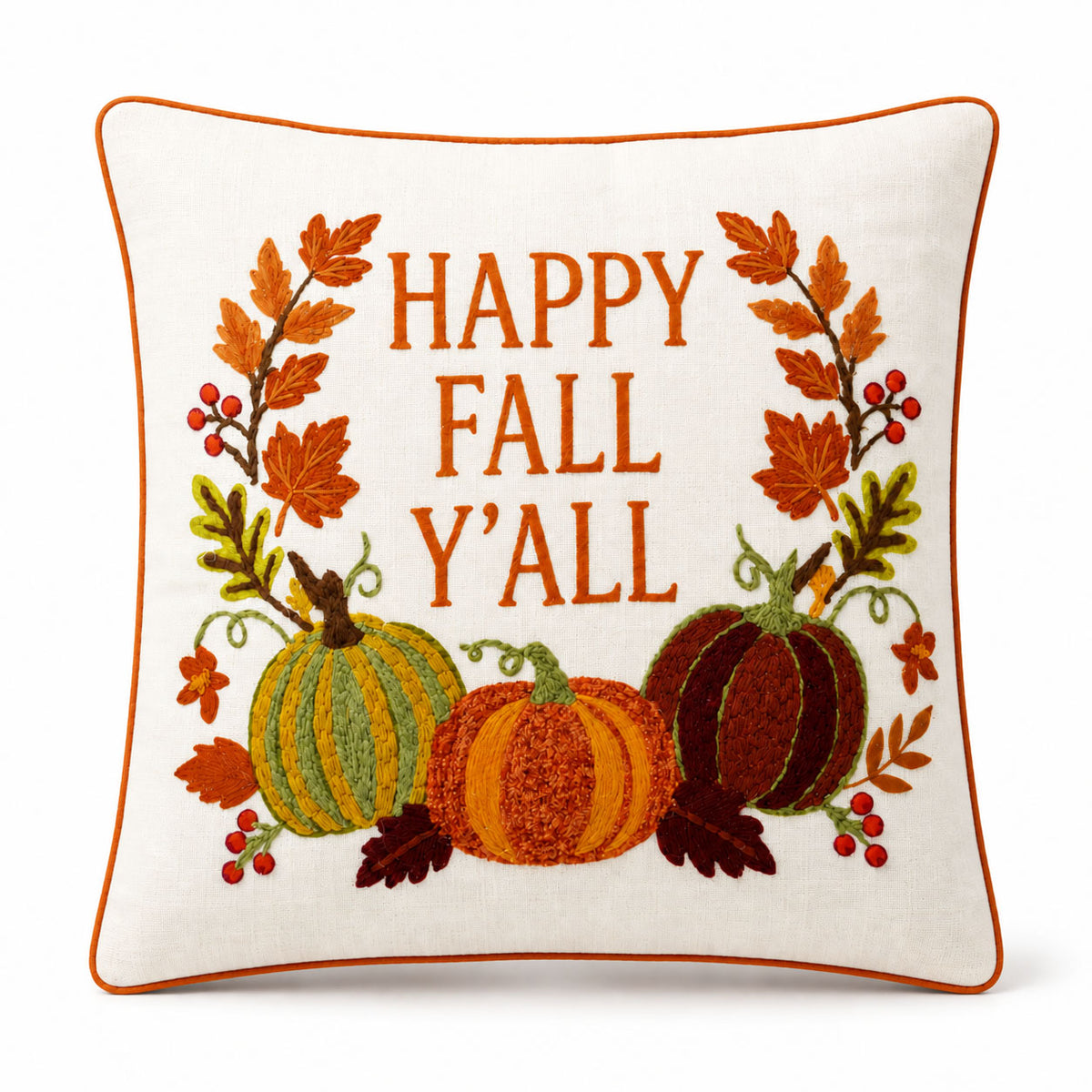 Happy Fall Y’all 18" x 18" Decorative Pillow Cover – Autumn Pumpkin Embroidered Accent Cushion Cover with Rust Orange Piping