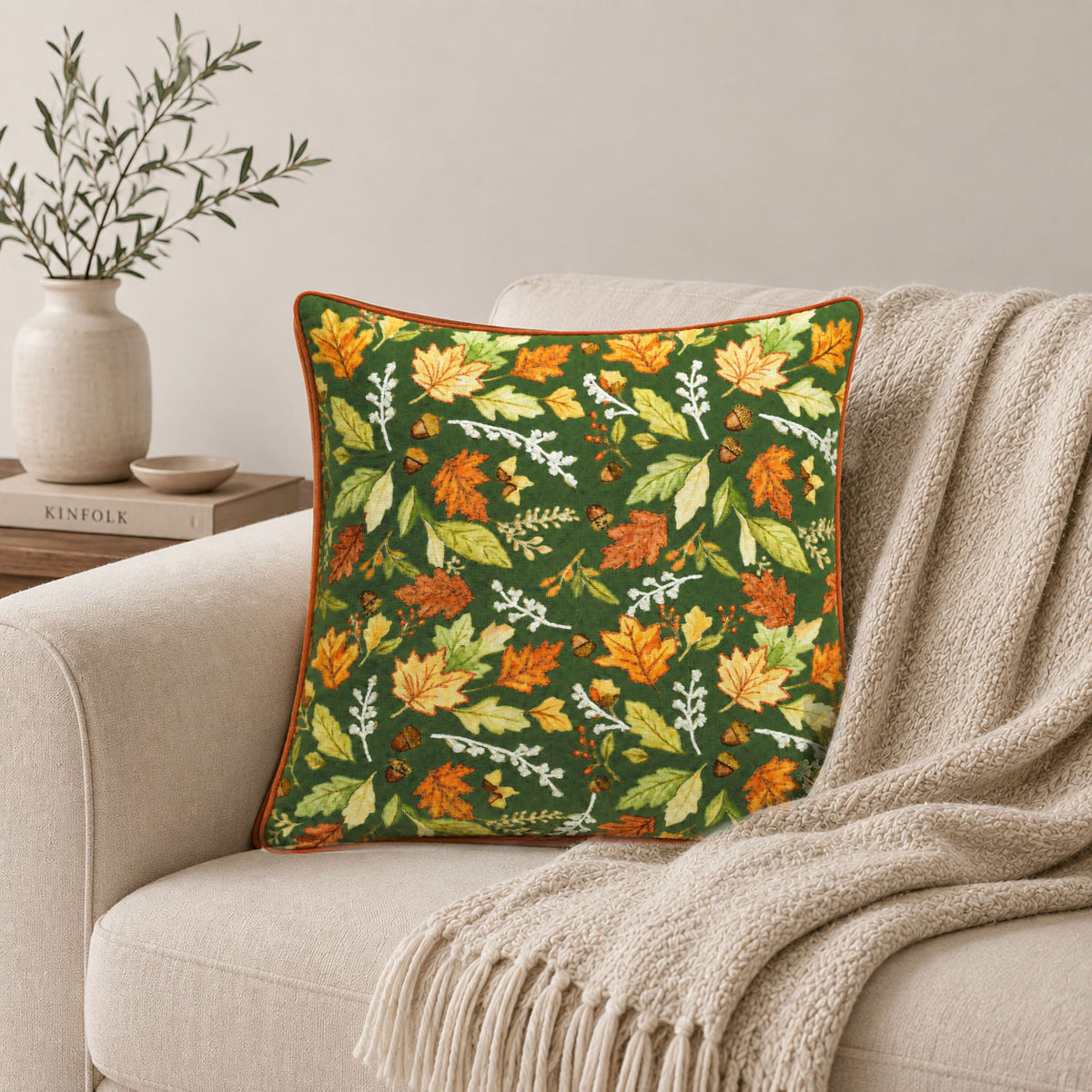 Autumn Woodland Leaves 18" x 18" Decorative Pillow Cover – Green Botanical Fall Accent Cushion Cover