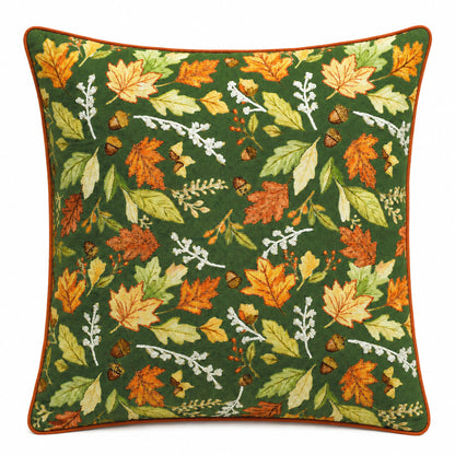 Autumn Woodland Leaves 18" x 18" Decorative Pillow Cover – Green Botanical Fall Accent Cushion Cover