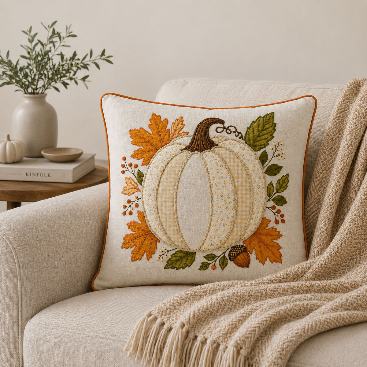 Harvest Pumpkin 18" x 18" Decorative Pillow Cover – Autumn Embroidered Pumpkin Accent Cushion Cover