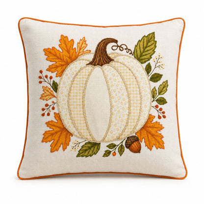Harvest Pumpkin 18" x 18" Decorative Pillow Cover – Autumn Embroidered Pumpkin Accent Cushion Cover