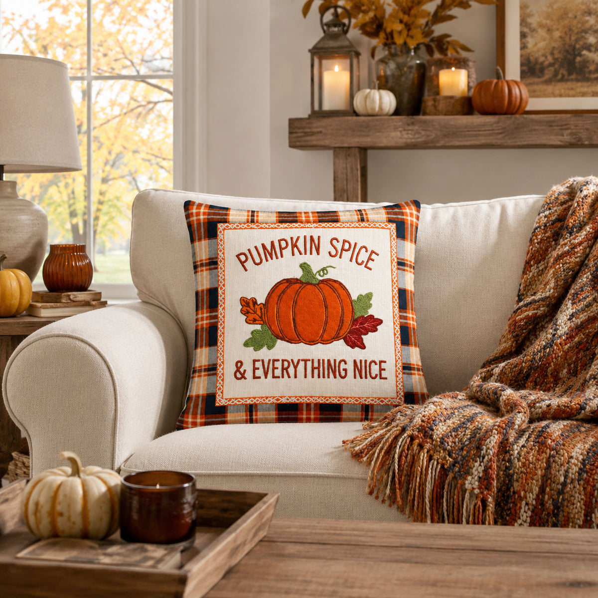Pumpkin Spice & Everything Nice Printed and Embroidered Pillow Cover 18"x18"