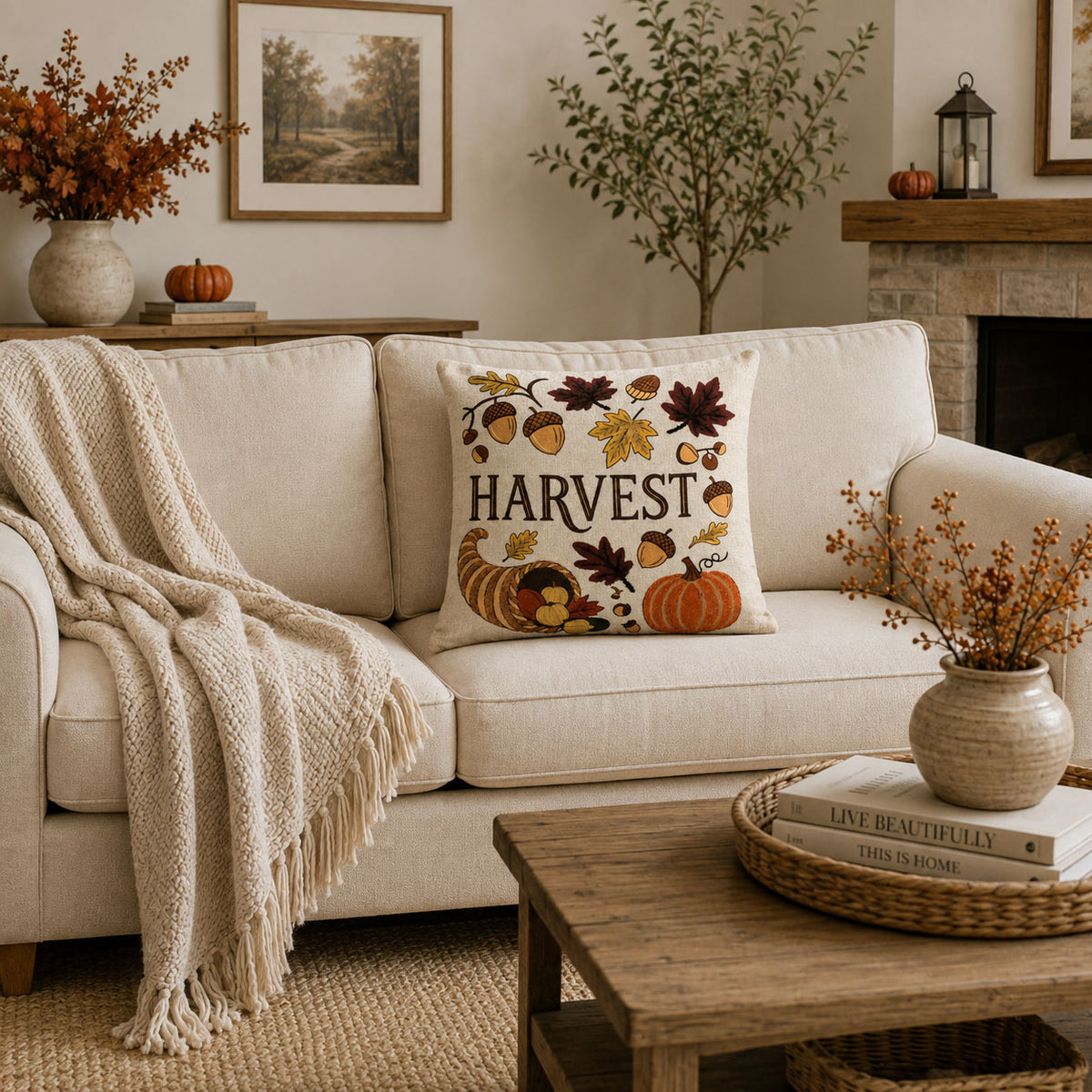 Harvest Autumn Printed and Embroidered Pillow Cover 18"x18"