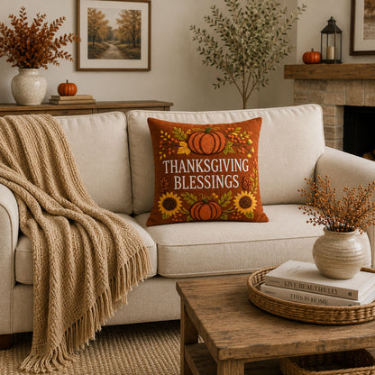 Thanksgiving Printed and Embroidered Cushion Cover 18" x 18"
