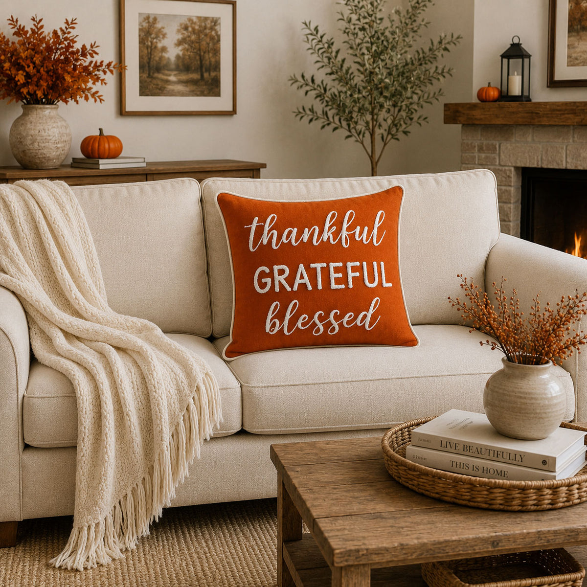 Thankful Grateful Blessed Printed and Embroidered Cushion Cover 18" x 18"