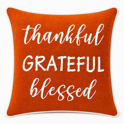 Thankful Grateful Blessed Printed and Embroidered Cushion Cover 18" x 18"
