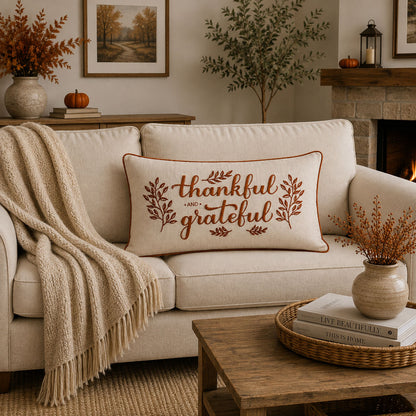 Thankful and Grateful Printed and Embroidered Pillow Cover – 14" x 20"