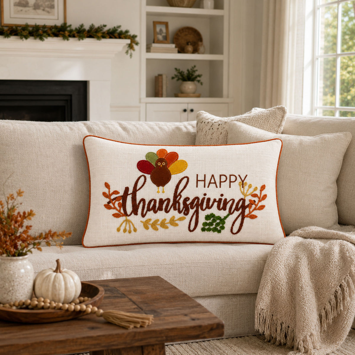 Happy Thanksgiving Printed and Embroidered Pillow Cover – 14" x 20"