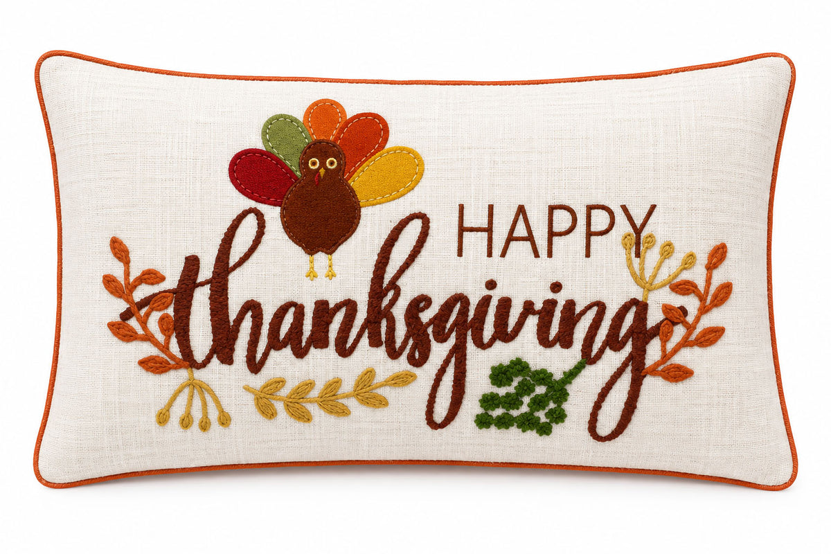 Happy Thanksgiving Printed and Embroidered Pillow Cover – 14" x 20"