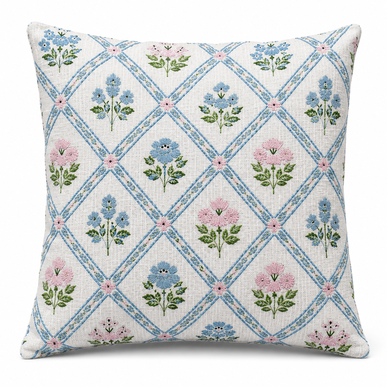Blossom Trellis Pillow Printed & Embroidered 18" x 18" Decorative Pillow Cover, Elegant Floral Accent Cushion Cover for Living Room, Sofa, Couch & Bedroom Décor