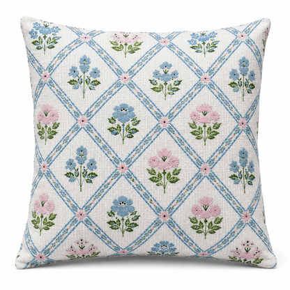 Blossom Trellis Pillow Printed & Embroidered 18" x 18" Decorative Pillow Cover, Elegant Floral Accent Cushion Cover for Living Room, Sofa, Couch & Bedroom Décor