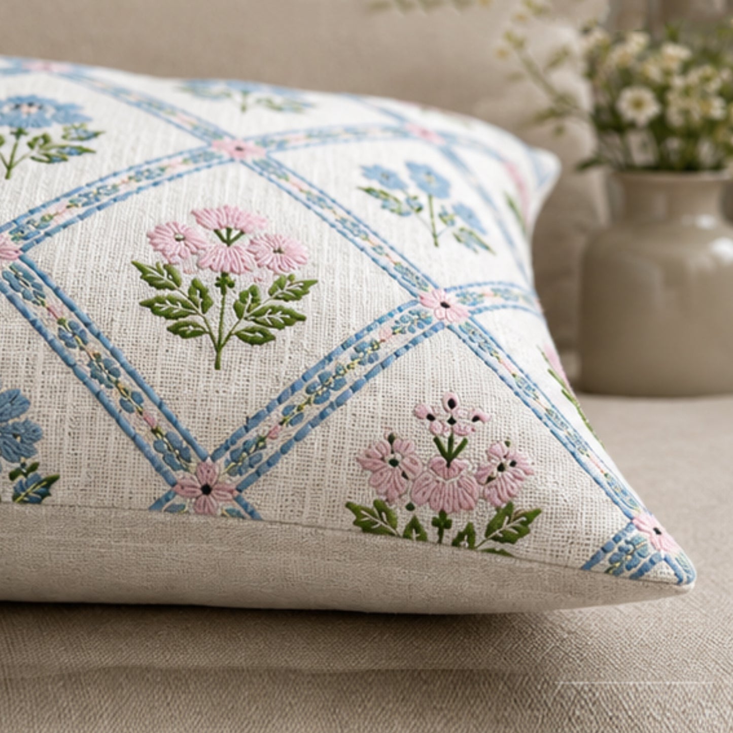 Blossom Trellis Pillow Printed & Embroidered 18" x 18" Decorative Pillow Cover, Elegant Floral Accent Cushion Cover for Living Room, Sofa, Couch & Bedroom Décor