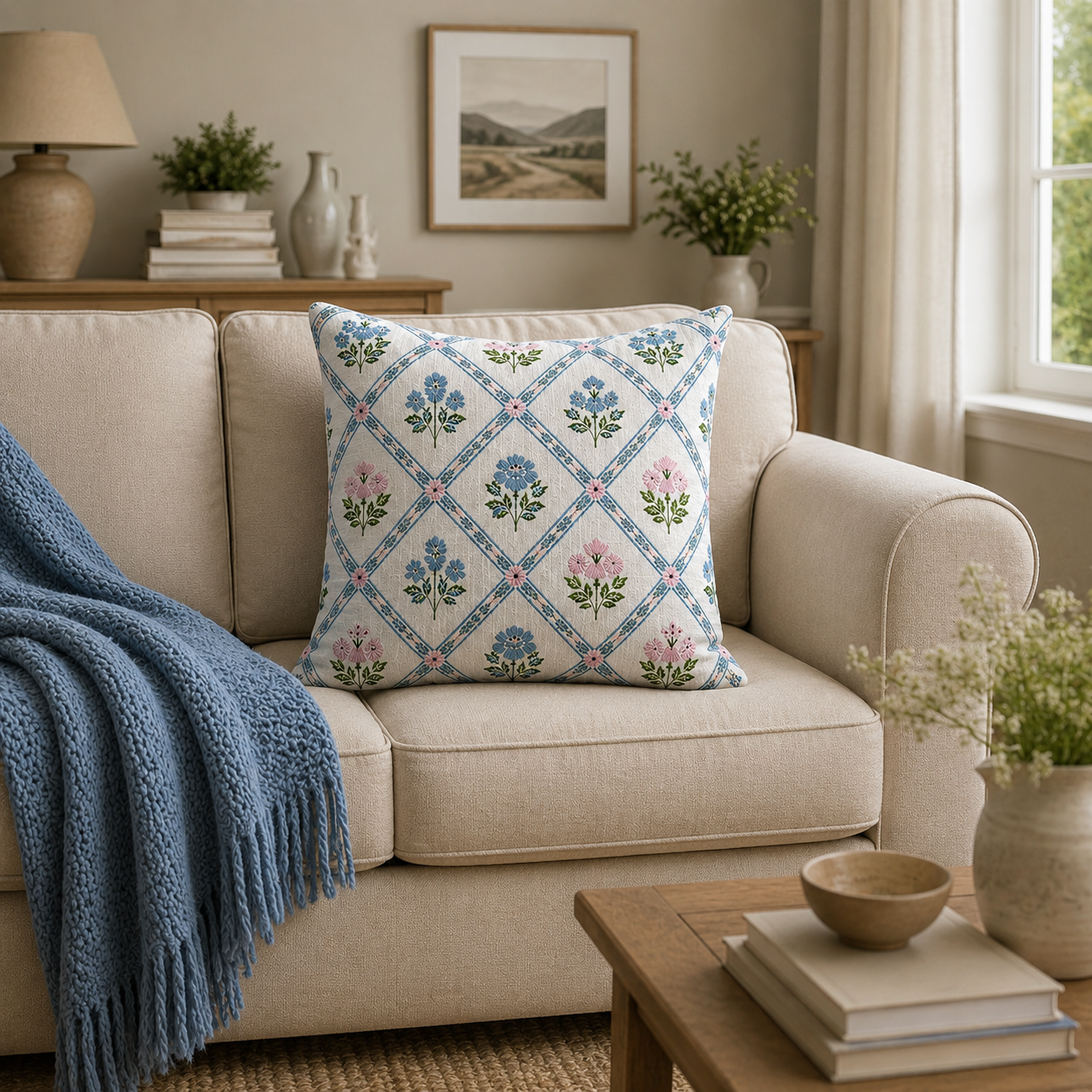 Blossom Trellis Pillow Printed & Embroidered 18" x 18" Decorative Pillow Cover, Elegant Floral Accent Cushion Cover for Living Room, Sofa, Couch & Bedroom Décor